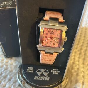 Women’s Pink Square Dial Stainless Reactor Watch with Pink Leather Strap